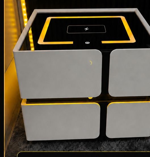 C-5 smart side table, four-panel grey cube design