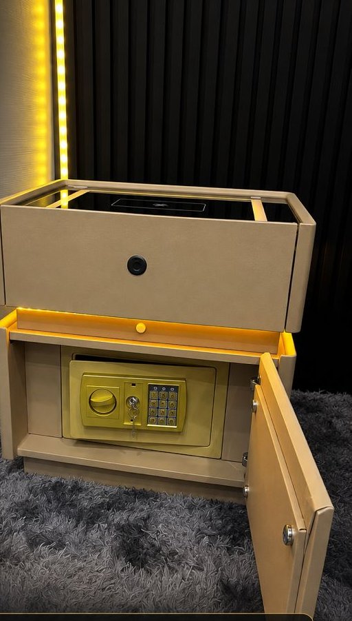 C-9 smart side table, champagne gold finish with built-in safe